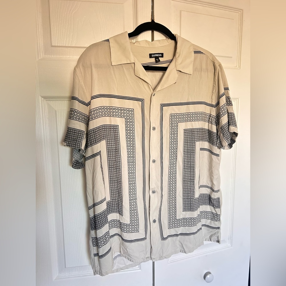 Express Tan and Black Casual Button Down Shirt with Geometric Design